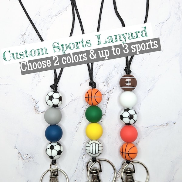 Custom Sports Lanyard, Sports Coach lanyard, Gym Teacher, sports fan Lanyard Keychain, school colors, team colors, choose up to 3 sports