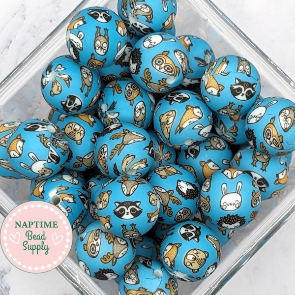 15mm Woodland Animals round silicone beads, little animals, raccoon, fox, hedgehog, owl, bunny, deer, bear, medium blue color, 15 mm size