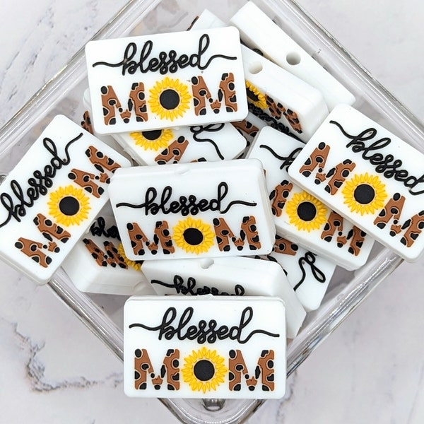 Blessed Mom Focal Silicone Beads, Blessed Mom with Sunflower, Christian blessed focal beads, 30mm wide by 20mm tall, vertical top drilled