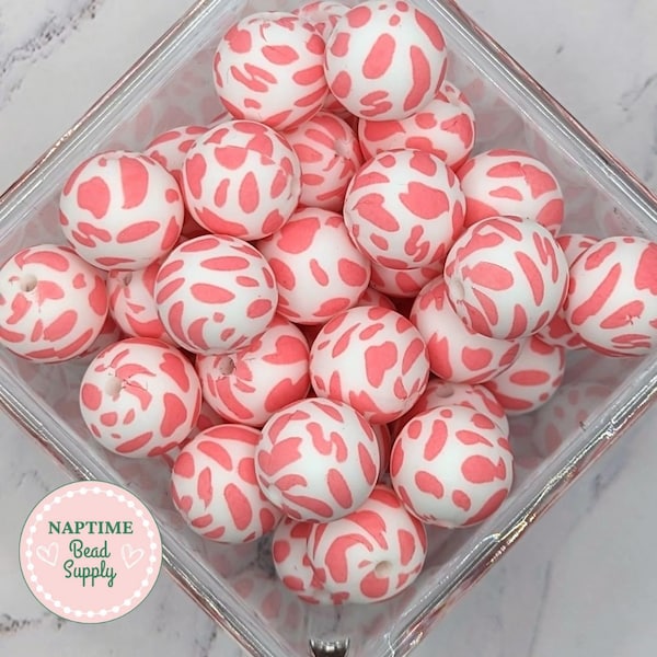 15mm Pink Cow round silicone beads, pink and white cow print, 15 mm round loose beads, pink and white, Western, cowgirl style