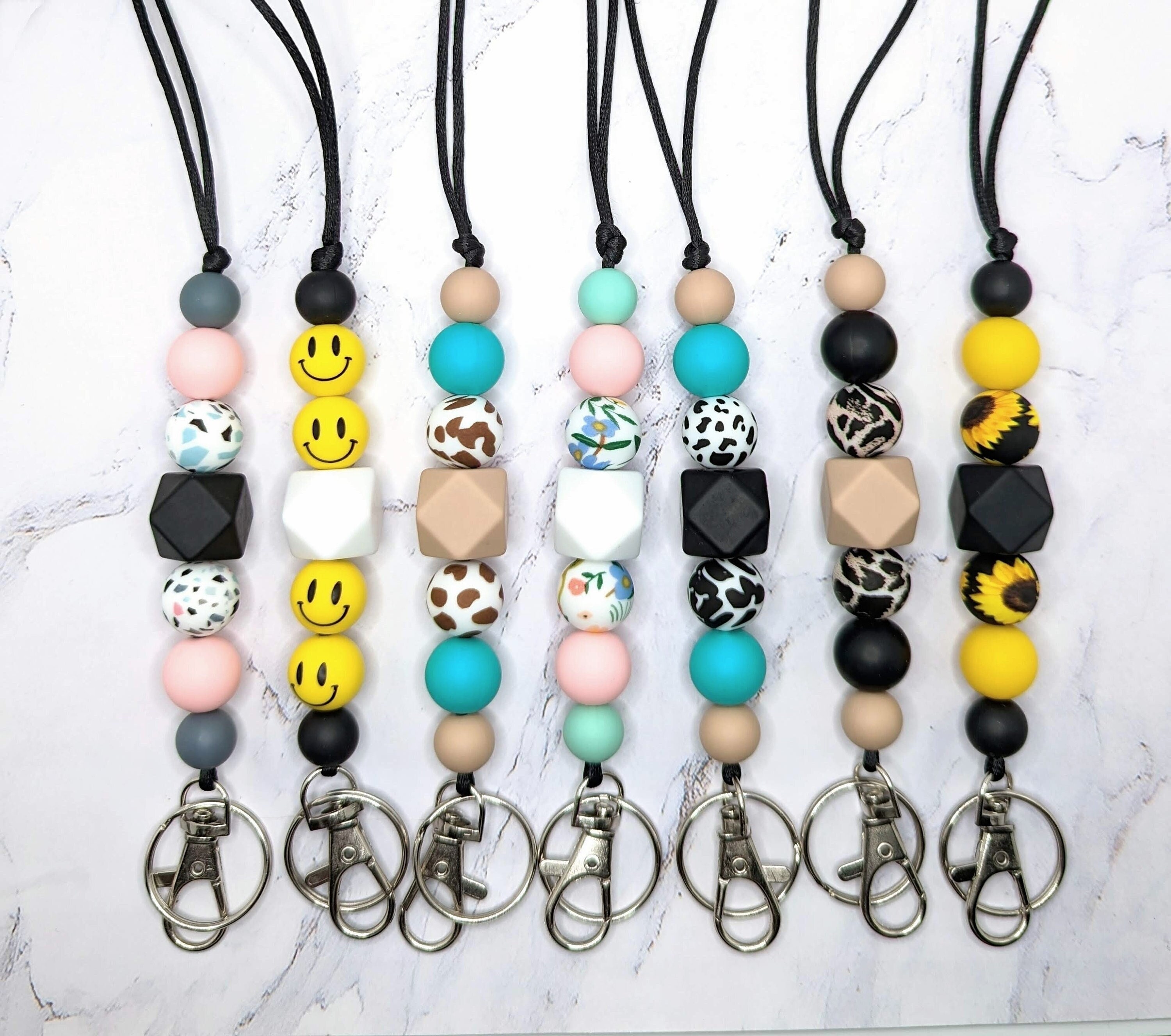 Beadthoven Personalized Teacher Lanyard Making Kit DIY ID Badges Beaded  Keychain Making with 15mm Leopard Printed Round Silicone Beads Wooden Name