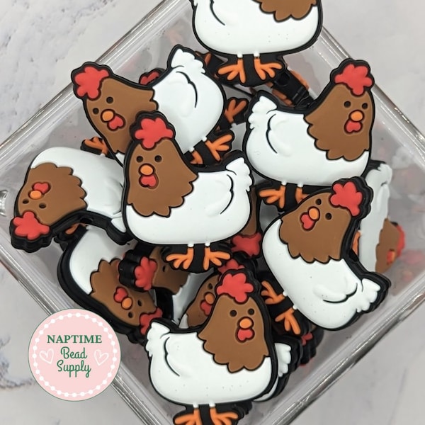 Chicken Focal Silicone beads, brown and white chickens, farm animal chicken silicone beads, 30mm x 22mm size, ready to ship, ships from USA