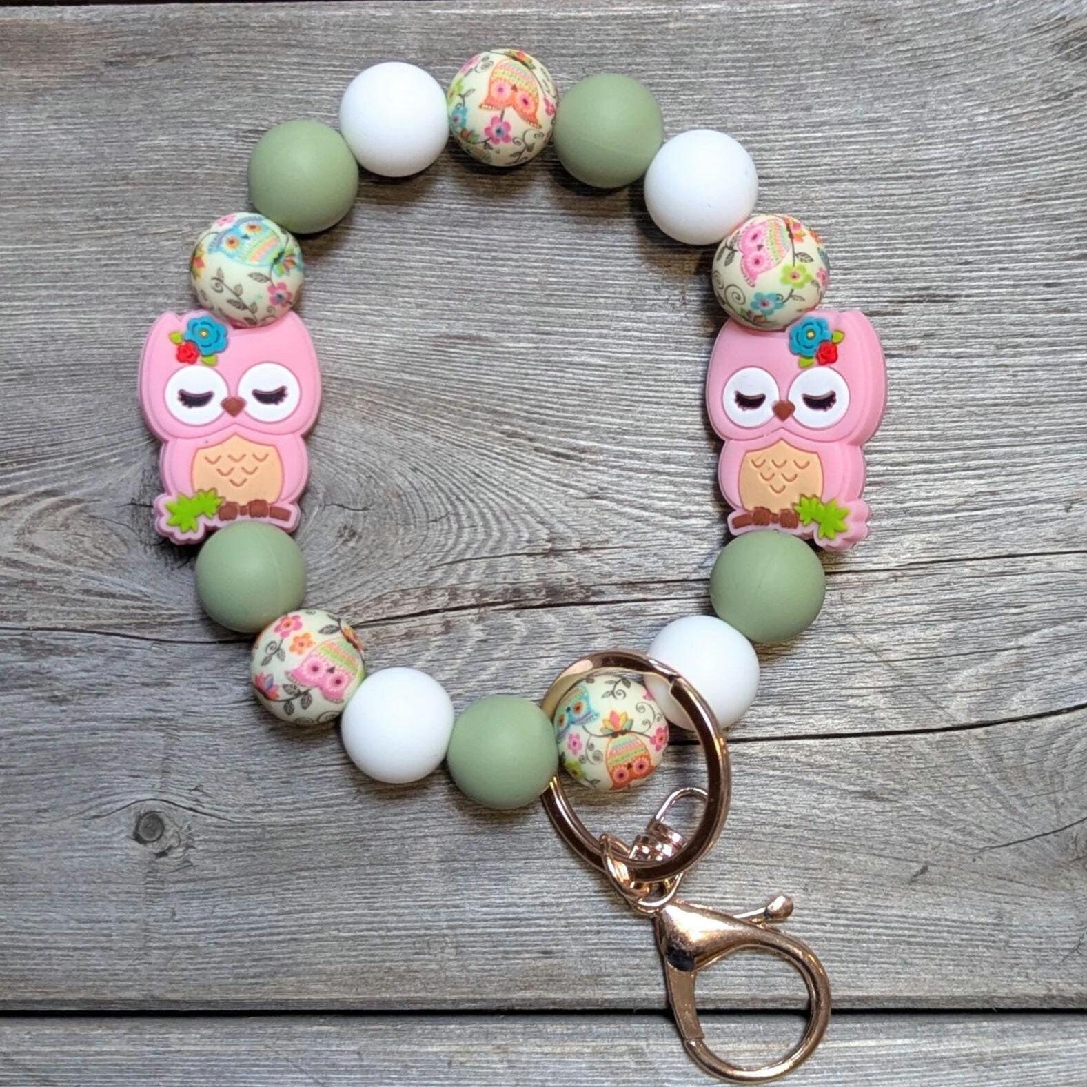 Owl Silicone Bead Wristlet Keychain, Stretchy Silicone Bead Bracelet, Owl print, light green and whi