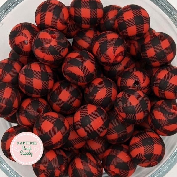 15mm Black and Red Plaid round silicone beads, buffalo plaid, 15 mm round wholesale loose beads, Christmas themed red and black