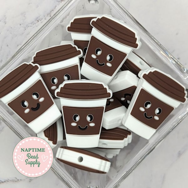 Happy Coffee Cup Focal Silicone beads, dark brown color, coffee lover beads, travel mug coffee cup focal beads, 30mm x 25mm size