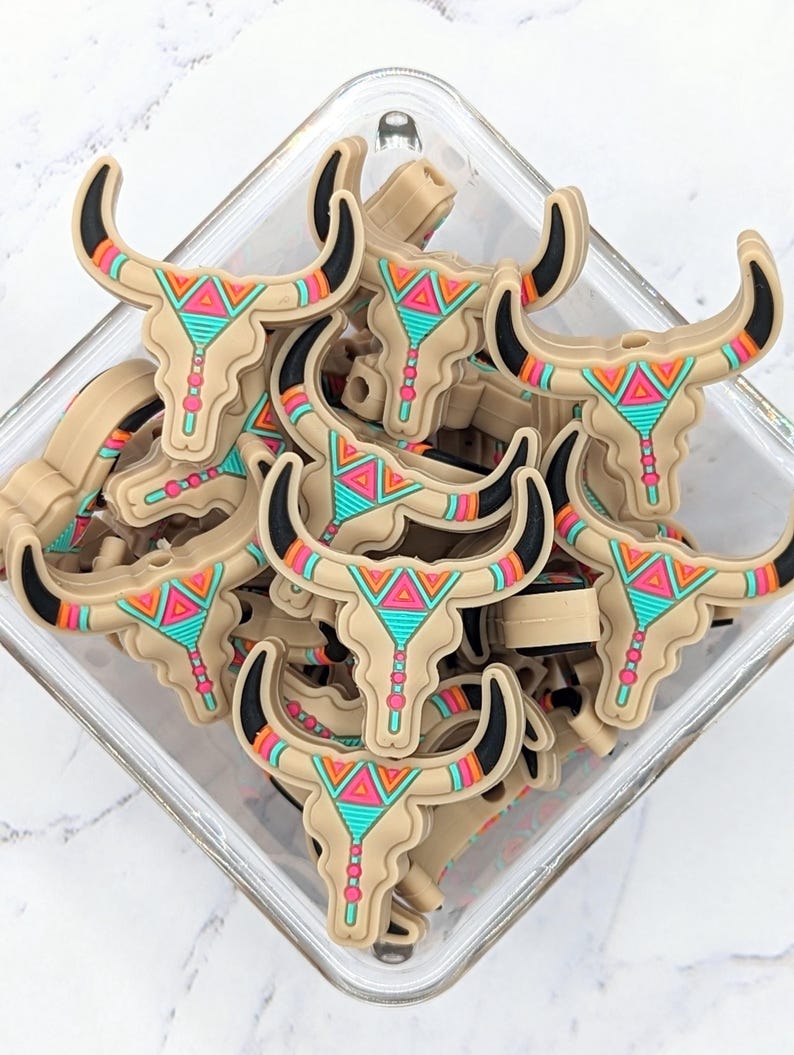 Western Longhorn Cow Focal Silicone Beads: Black or Beige (Sold individually) Beige