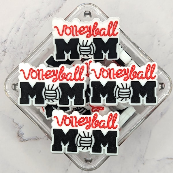 Volleyball Mom Focal Silicone beads, Volleyball focal beads, white, red, black volleyball mom, 38mm by 25mm size, ships from Illinois