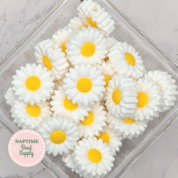 Daisy Focal silicone beads, white daisies beads, 20mm size, ready to ship, white with yellow centers, flower focal beads