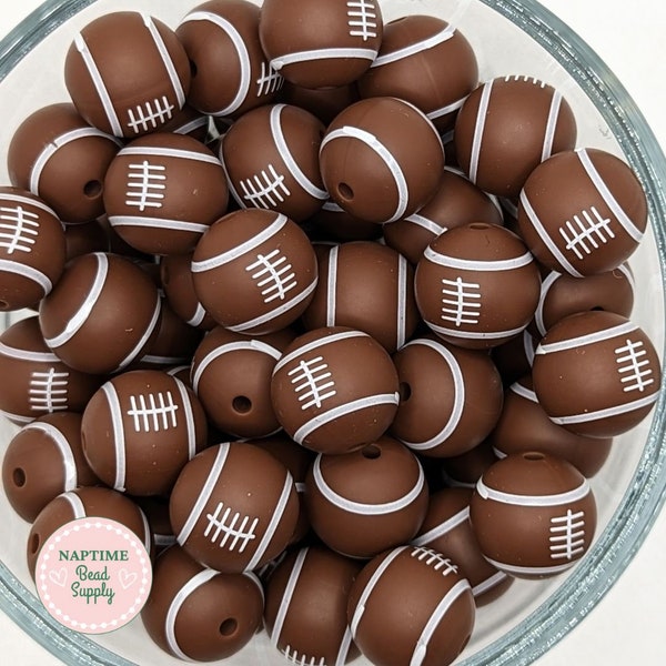 15mm Football round silicone beads, footballs, 15 mm wholesale round loose beads, classic brown and white, sports themed