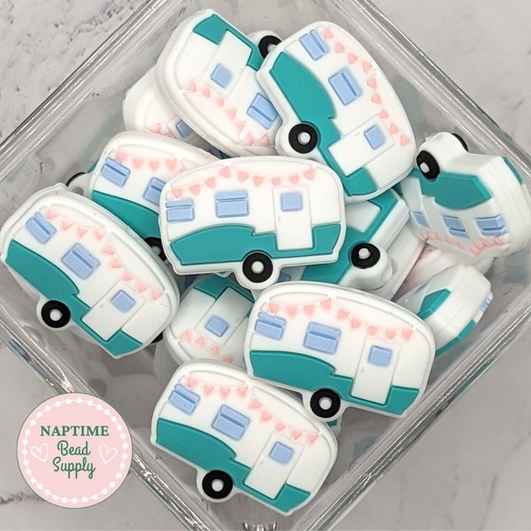 Camper Focal Silicone beads, camping beads, vintage campers, 26mm x 20mm size, diy keychains, diy pens