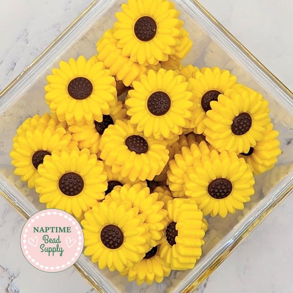 Sunflower Focal silicone beads, sunflower beads, ready to ship, 20mm size, yellow sunflowers with brown centers, flowers, floral focal beads