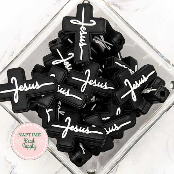Jesus cross focal silicone beads, Christian cross bead, ready to ship, black cross bead, 30mm tall x 22mm wide, vertical drilled hole