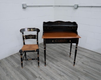 Ethan Allen Hand Decorated "Button Back Hitchcock" Desk & Chair Set Vintage Find