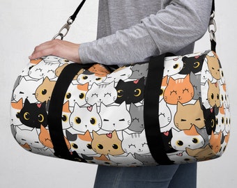 Cat Lovers Women's Duffle Bag, Patterned Duffel Bag w/ Shoulder Strap, Cute Canvas Duffel Bag Women, Weekender Duffel Bag All Over Print Cat