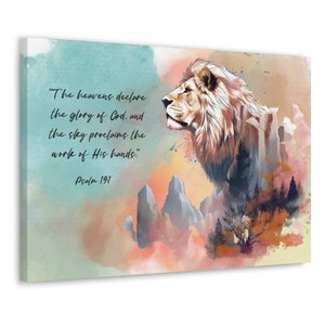 Lion of Judah Wall Art, Christian Wall Art Canvas, Psalm 19 Bible Wall Art, Square Canvas Art, Minimalist Christian Art Canvas, Mountains