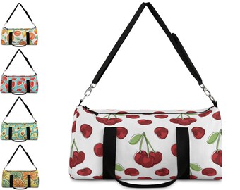 Cherries Women's Duffle Bag, Patterned Duffel Bag w/ Shoulder Strap, Cute Canvas Duffel Bag Women, Weekender Duffel Bag All Over Print Fruit