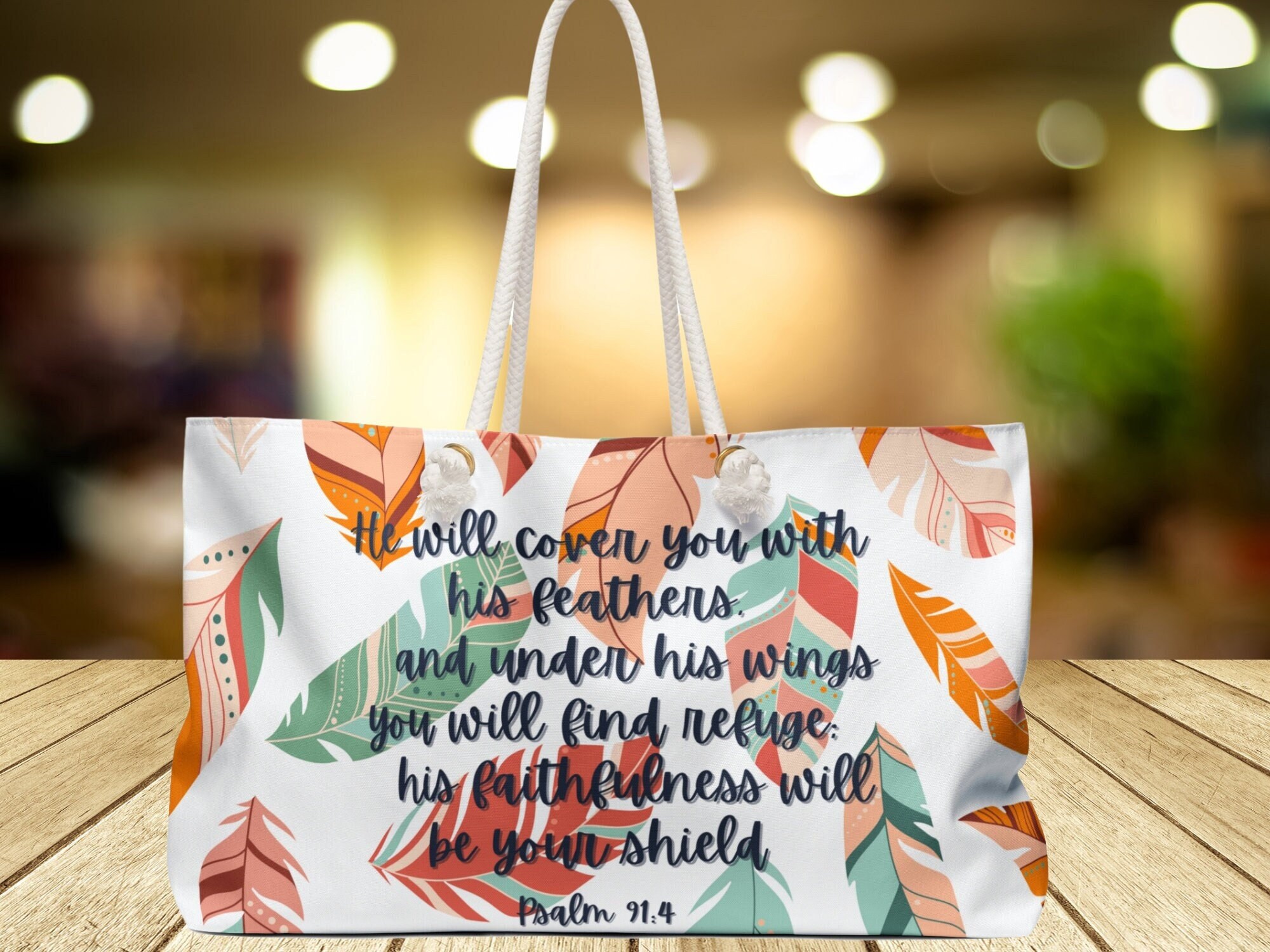 Psalm 91 Christian Tote Bag, Patterned Canvas Weekender Bag Women, Bible Verse Tote Bag, Church Bag, Weekender Duffel Bag, Psalm 91:4 Tote