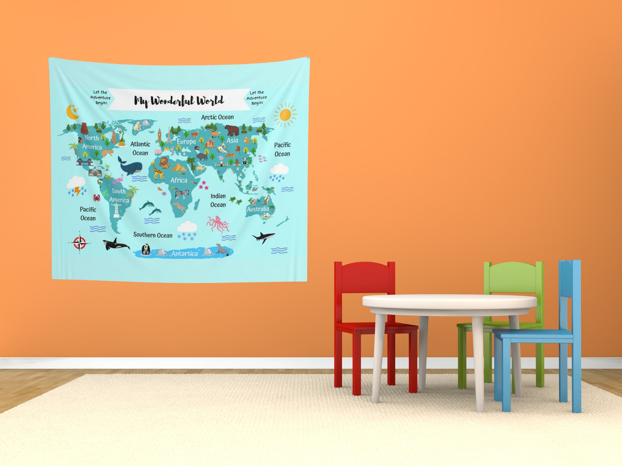 Kids World Map Tapestry World Map for Kids Tapestry World Etsy