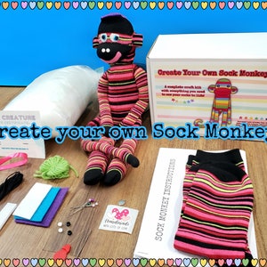 Sock Monkey Kit, Custom Plushie, Sewing Kit, Do It Yourself Craft Kit, Adult Craft Kit, Craft Kit for Kids, Sewing Gifts, Teen Craft Kit