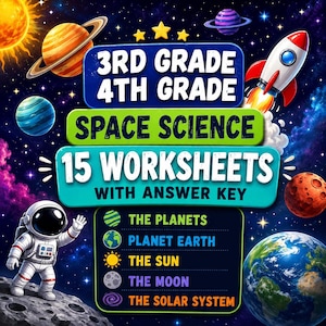 Peut inclure: Une ressource éducative numérique intitulée 3rd Grade 4th Grade Space Science 15 Worksheets With Answer Key. Le graphique présente un astronaute, une fusée, des planètes, le soleil et une liste de sujets incluant The Planets, Planet Earth, The Sun, The Moon et The Solar System sur un fond spatial bleu étoilé.