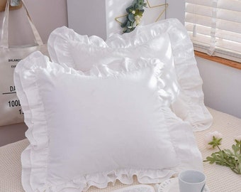 100% Linen Stone Washed Euro Sham with Ruffle Pillow Cover Set of 2, Home Decoration Pillow, Soft and Breathable, White.