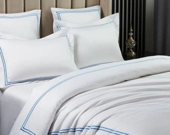 7 Piece Bedding Set 400 Thread Count Cotton Sateen Hotel Stitch Double Embroidery Border