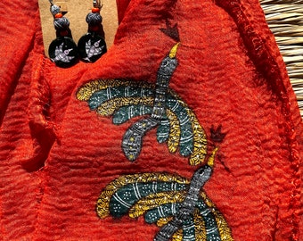 Hand-painted cotton stole in orange with clay earrings