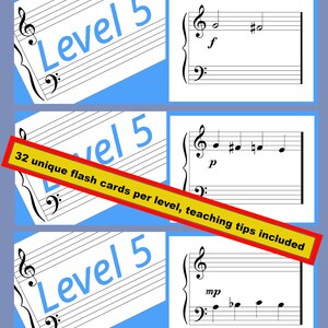 May include: Three images of music notation flash cards with the text "Level 5" on each card. The cards are designed to teach music theory and include 32 unique flash cards per level. The text "32 unique flash cards per level, teaching tips included" is written across the images.