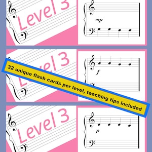 Zicht lezen | Niveau 3 | Omhoog&Omlaag | Gegradueerd systeem | Afdrukbare flashcards Muziek lezen (grote staf)