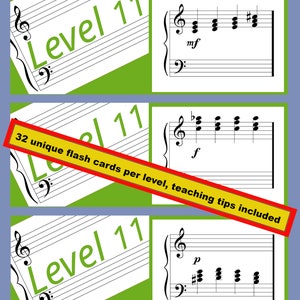 Zicht lezen | Niveau 11 | Akkoorden en omkeringen | Beoordeelde cursus | Afdrukbare flashcards Muziek lezen (grote staf)