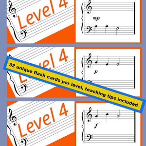 Zicht lezen | Niveau 4 | Stappen en overslaan | Beoordeeld | Afdrukbare flashcards Muziek lezen (grote staf)
