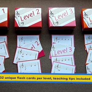 Zicht lezen | Beginnerspakket | Niveau 1-4 | Gegradueerd systeem| Afdrukbare flashcards Muziek lezen (grote staf)