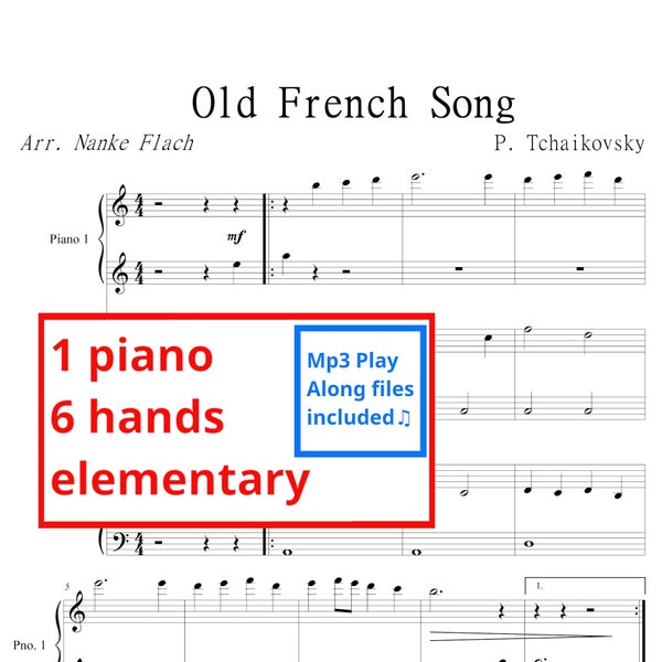Tchaikovsky - Old French Song | Sheet music & Mp3 play along| 1 piano 6 hands | Elementary | Printable sheet music | piano sheet |piano trio