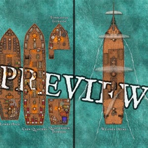 Könnte beinhalten: Eine detaillierte Karte eines Segelschiffs mit verschiedenen Decks und Innenlayouts. Die Karte enthält Beschriftungen wie "Lower Hold", "Crew Quarters" und "Weather Decks". Das Wort "PREVIEW" ist prominent auf dem Bild zu sehen. Das Schiff ist vor einem türkisfarbenen Hintergrund dargestellt.