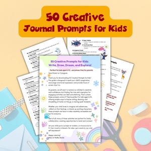 Könnte beinhalten: Eine Sammlung gedruckter Aktivitätsblätter mit dem Titel 50 Creative Journal Prompts for Kids, die Listen mit Schreib- und Zeichenaufgaben sowie farbenfrohe Illustrationen von Sternen, Handabdrücken und einem Regenbogen enthalten.