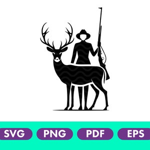 Silhouette eines weiblichen Jägers mit Hirsch und mit Pistole in der Hand, Mädchen jagen Reh, Jäger mit Hirsch Vektor-Datei, Frau jagen svg, png