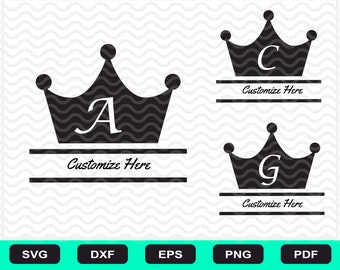 May include: Three black and white crown designs with a letter in the centre of each crown. The crowns are above a double line with the text "Customize Here" below each crown. The letters are A, C, and G.