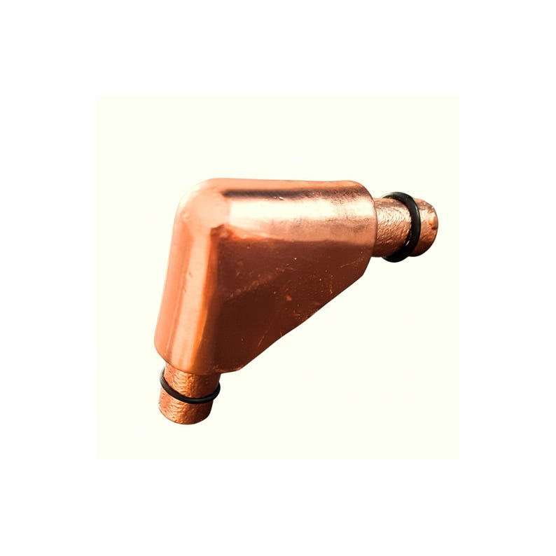 May include: A copper-colored L-shaped pipe fitting with a smooth, reflective surface on the elbow section and a textured finish on the two cylindrical ends. Each end features a thin, black rubber O-ring seated within a small circular groove.