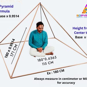 May include: A copper-colored metal pyramid frame structure with text overlays including Giza Pyramid Formula, Slant = Base x 0.9514, 180 x 0.9514 = 171 CM, 180*0.6365 = 115 CM, Ex: 180 CM, Height from Base Center to Apex Base x 0.6365, and 5DPYRAMIDS.