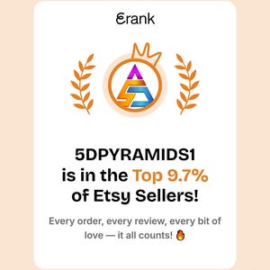 May include: A white rectangular digital badge with the text Erank at the top, a central circular logo with a crown and laurel branches, and the text 5DPYRAMIDS1 is in the Top 9.7% of Etsy Sellers! followed by Every order, every review, every bit of love &mdash; it all counts! and a fire emoji.