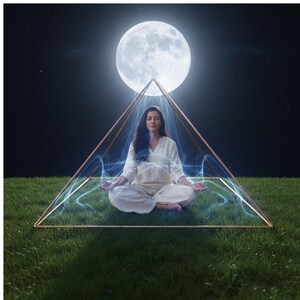May include: A copper-colored metal pyramid frame sits on green grass. Inside the frame, a person in white clothing sits in a cross-legged position with hands resting on knees. A large, bright full moon is visible in the dark night sky above.
