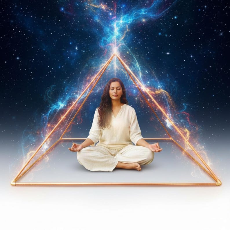 May include: A person with long dark hair sits in a cross-legged position inside a copper-colored pyramid frame. The individual wears a long-sleeved white shirt and matching white pants. The background features a vibrant nebula with blue and orange light.