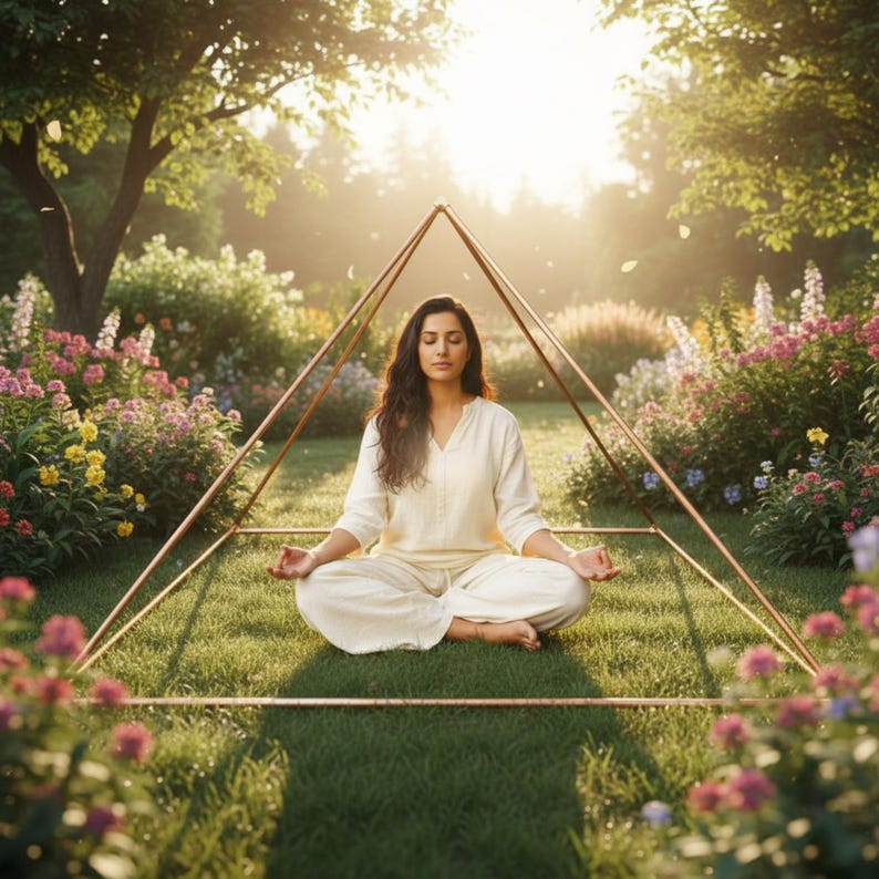 May include: A copper-colored metal pyramid frame structure positioned on a green lawn. The frame is constructed from thin, straight rods forming a geometric shape. The structure is open, allowing for a clear view through the center of the pyramid.