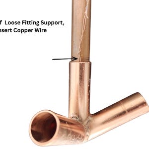 May include: A copper pipe fitting with three cylindrical openings. A thin copper wire is inserted into the vertical joint. Text on the image reads: Incase of Loose Fitting Support, insert Copper Wire, with a black arrow pointing to the joint.