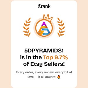 May include: A white rectangular digital badge with the text Erank at the top, a central circular logo with a crown and laurel branches, and the text 5DPYRAMIDS1 is in the Top 9.7% of Etsy Sellers! followed by Every order, every review, every bit of love &mdash; it all counts! and a fire emoji.