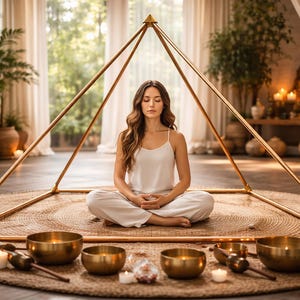 Pode incluir: Uma grande estrutura piramidal oca de metal dourado, construída com hastes retas e conectores de canto. A estrutura está posicionada sobre um tapete redondo trançado, rodeando uma pessoa sentada em posição de meditação com taças de latão.
