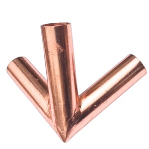 May include: A three-way copper pipe fitting with a metallic, reddish-brown finish. The component features three cylindrical openings arranged in a Y-shape configuration, with smooth, polished surfaces and visible soldered joints at the connection points.