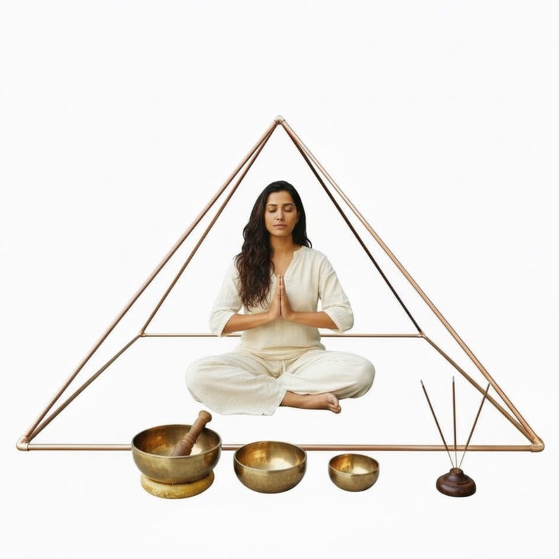 May include: A large copper-colored metal pyramid frame surrounding a person sitting in a cross-legged position with hands pressed together. In front are three metallic singing bowls of varying sizes, a wooden mallet, and an incense holder.
