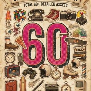 Puede incluir: Una colección de ilustraciones de clipart retro vintage de los años 90. Incluye un cubo de Rubik, un teléfono, zapatillas altas rojas, una cámara, un joystick, una porción de pizza, un despertador, patines y una computadora. El texto dice "90s Retro Vintage Clipart" y "Total 60+ Detailed Assets."