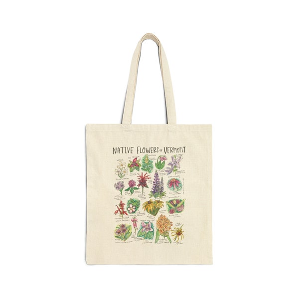 Vermont Native Flowers canvas bag | Vermont Wildflowers tote | New England Flowers bag | Vermont Nature canvas tote| Vermont Hiking Art